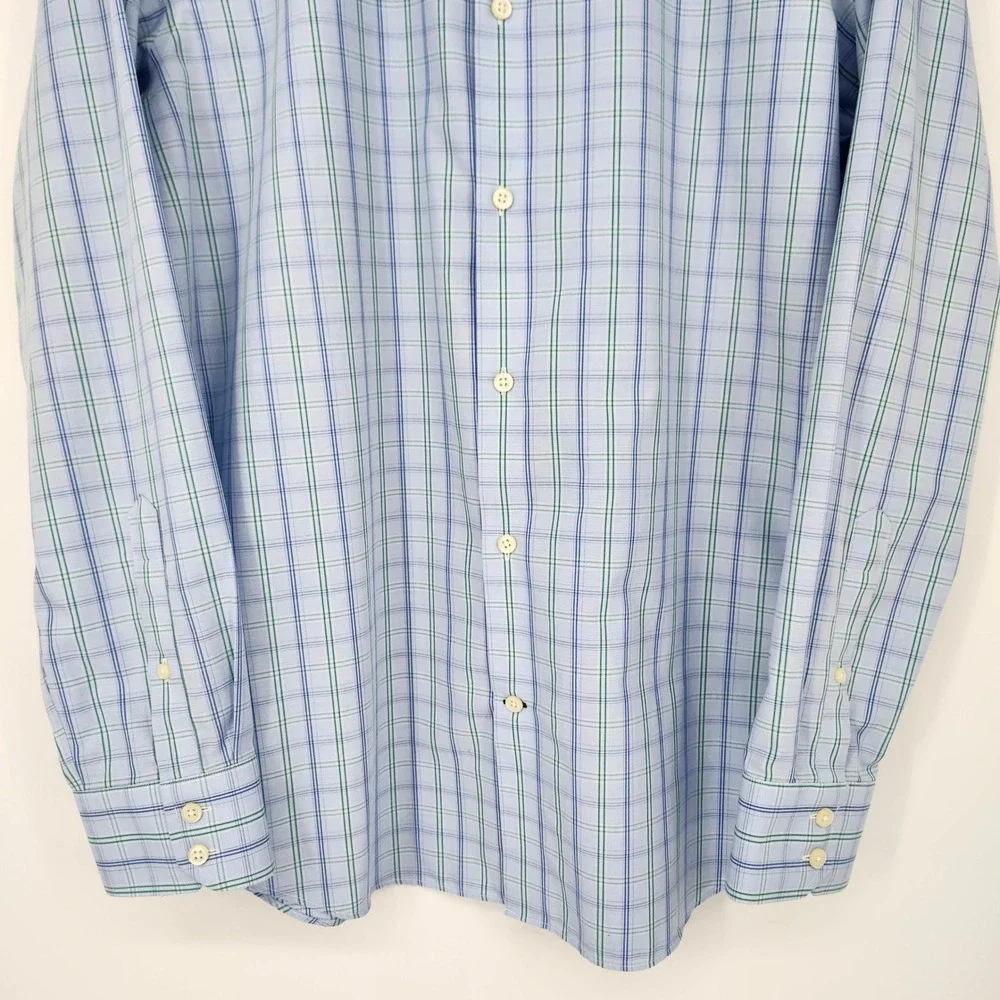 Banana Republic Mens Non Iron Slim Fit Dress Shirt Large Light‎ Blue Green Plaid